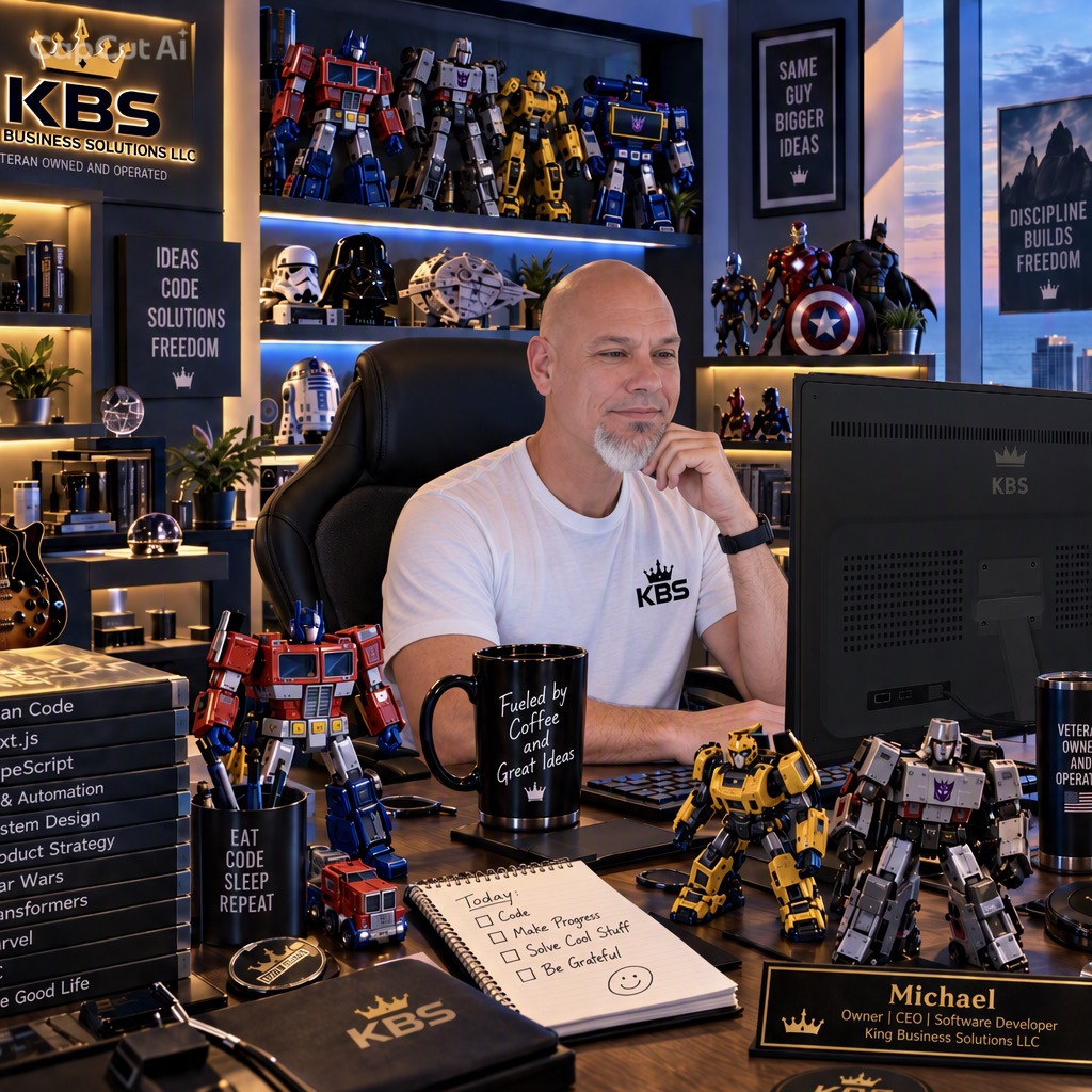 Man seated at a computer in a KBS-branded workspace with collectible figures on the desk and shelves